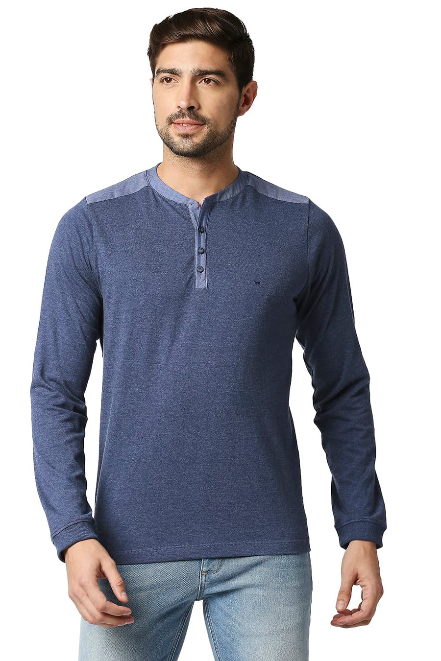 BASICS MUSCLE FIT PAGEANT BLUE HENLEY T-SHIRT