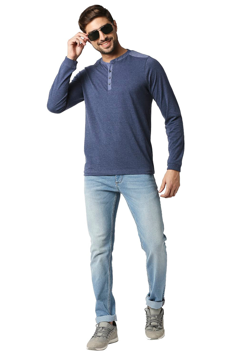 BASICS MUSCLE FIT PAGEANT BLUE HENLEY T-SHIRT