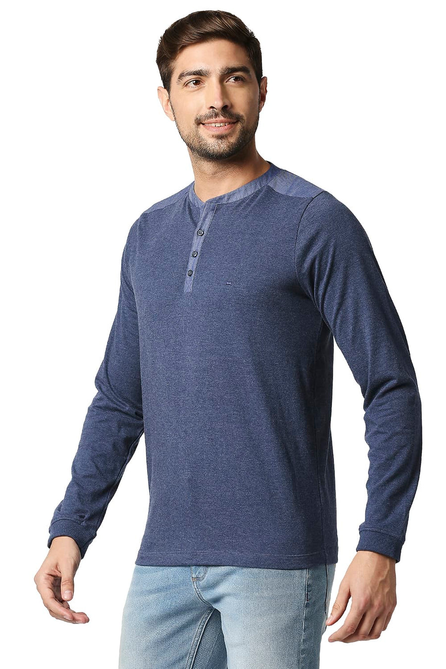 BASICS MUSCLE FIT PAGEANT BLUE HENLEY T-SHIRT