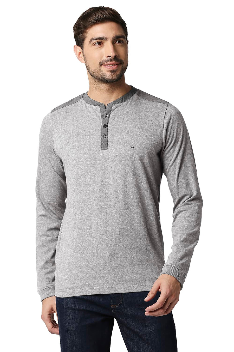 BASICS MUSCLE FIT DARK HEATHER GREY HENLEY T-SHIRT
