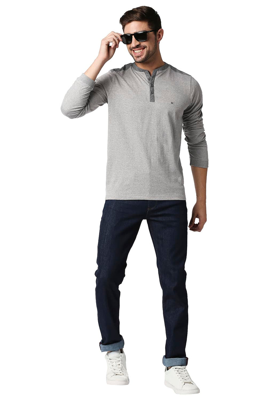BASICS MUSCLE FIT DARK HEATHER GREY HENLEY T-SHIRT
