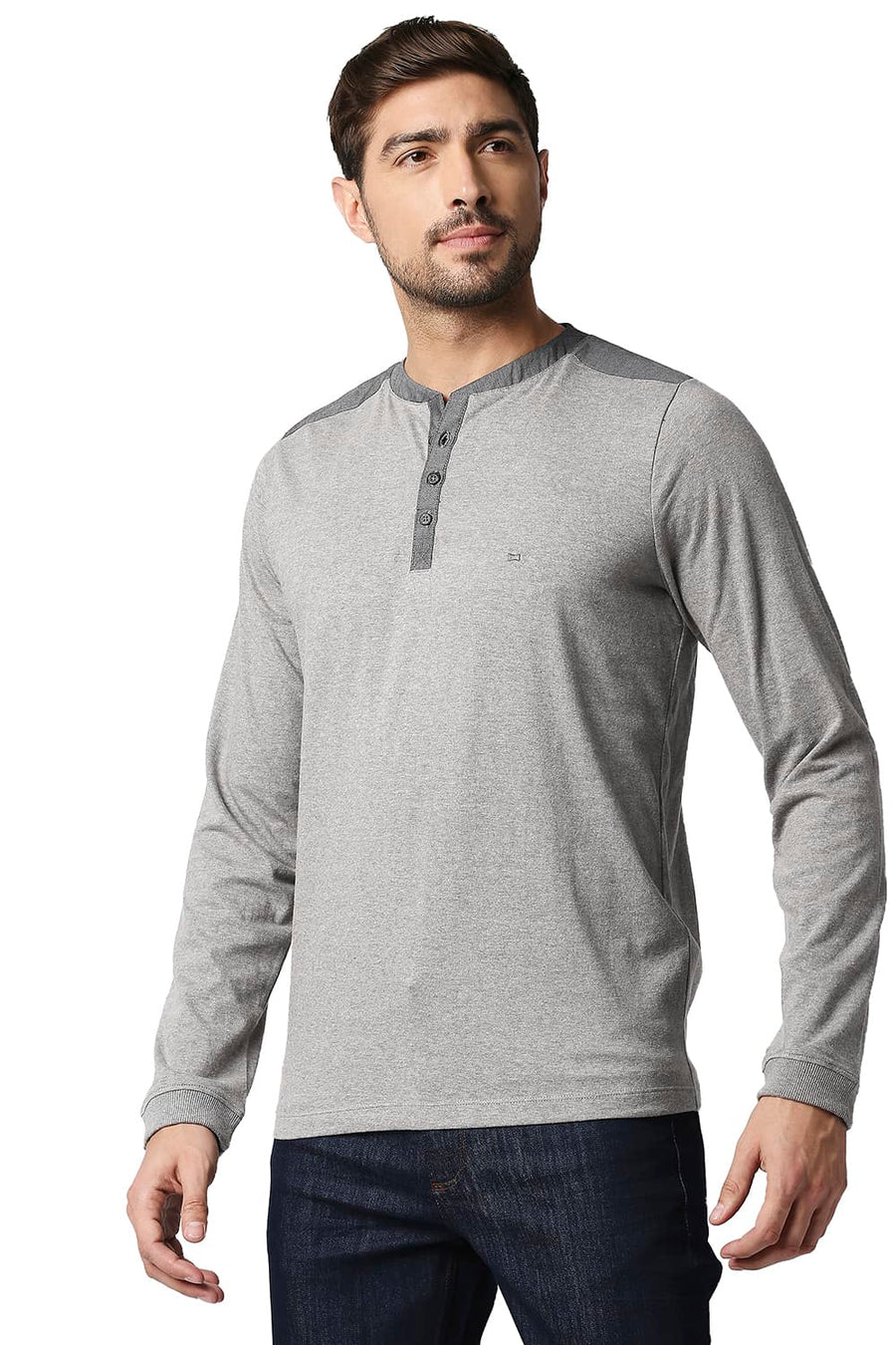 BASICS MUSCLE FIT DARK HEATHER GREY HENLEY T-SHIRT
