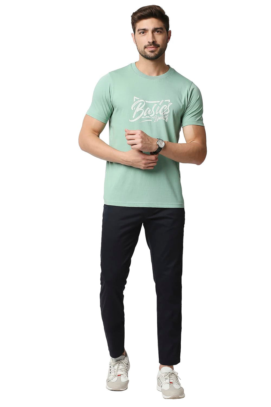 BASICS MUSCLE FIT GRANITE GREEN CREW NECK T-SHIRT