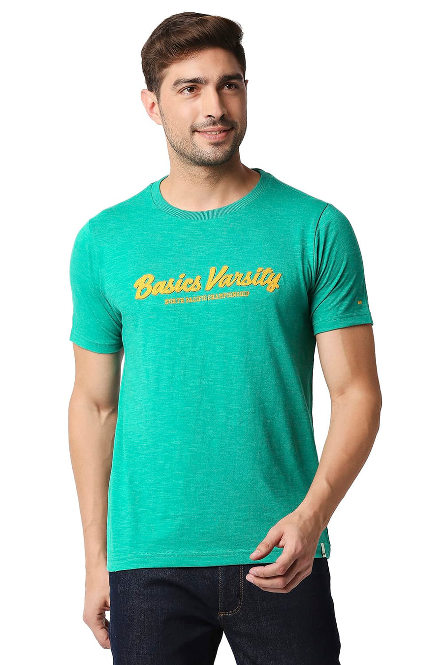 BASICS MUSCLE FIT SPORTING GREEN CREW T-SHIRT