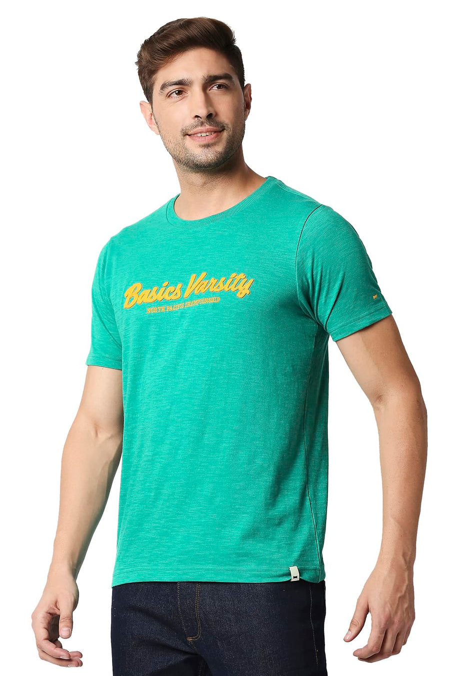 BASICS MUSCLE FIT SPORTING GREEN CREW T-SHIRT