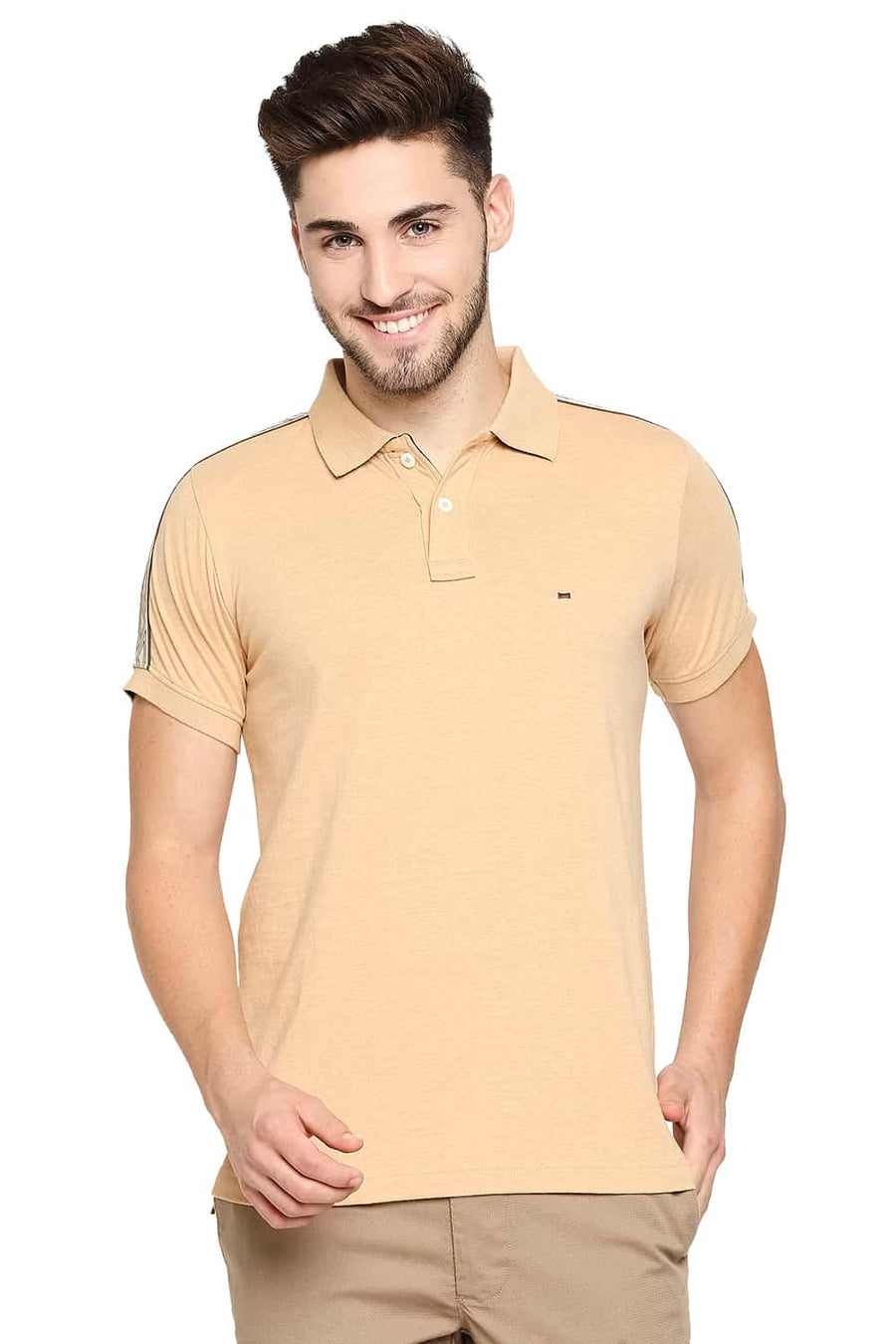 BASICS MUSCLE FIT SAND KHAKI POLO T-SHIRT