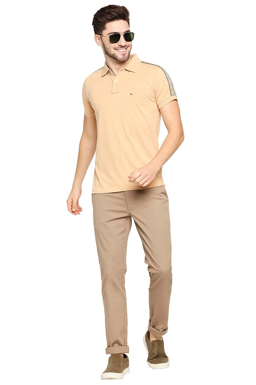 BASICS MUSCLE FIT SAND KHAKI POLO T-SHIRT