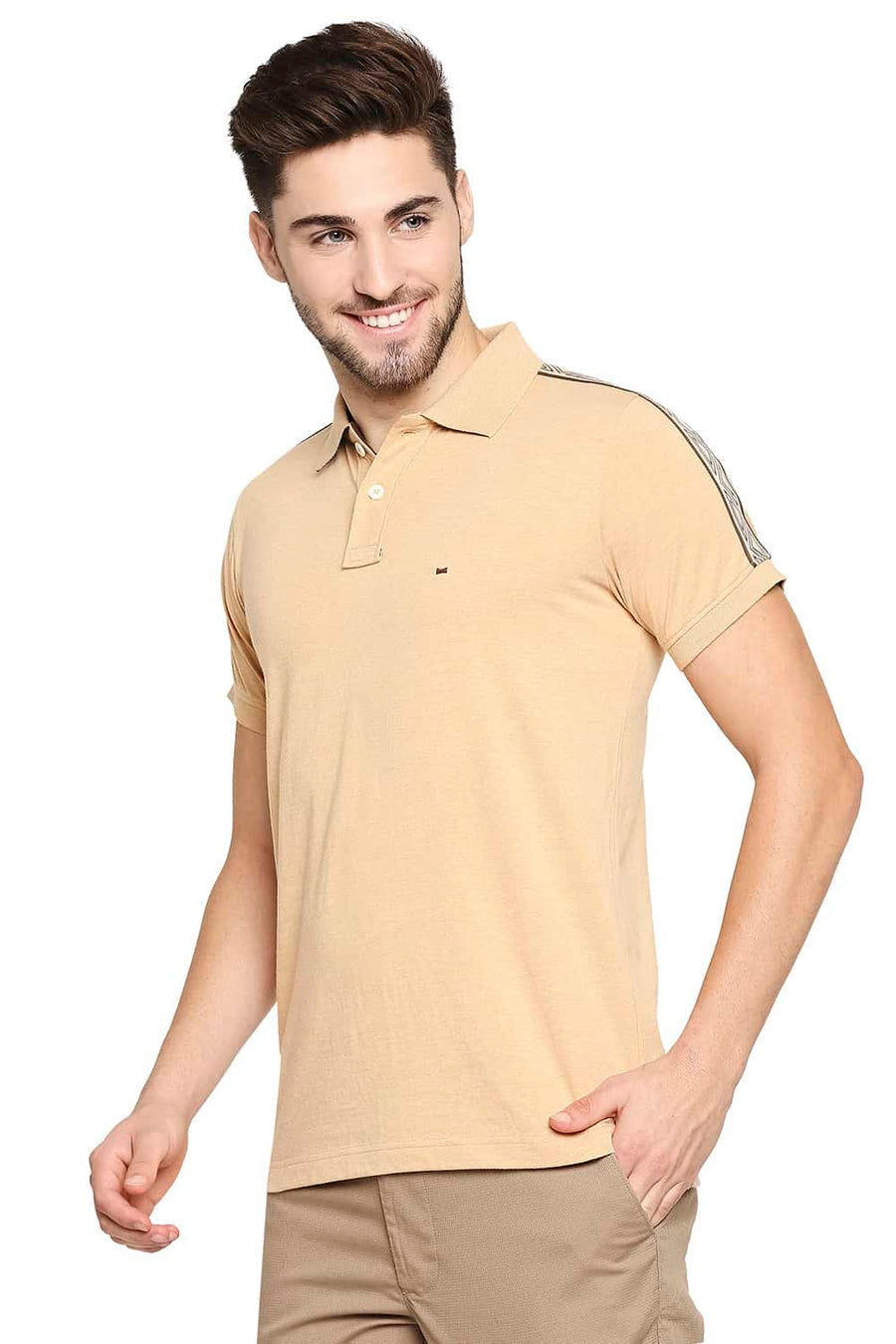 BASICS MUSCLE FIT SAND KHAKI POLO T-SHIRT