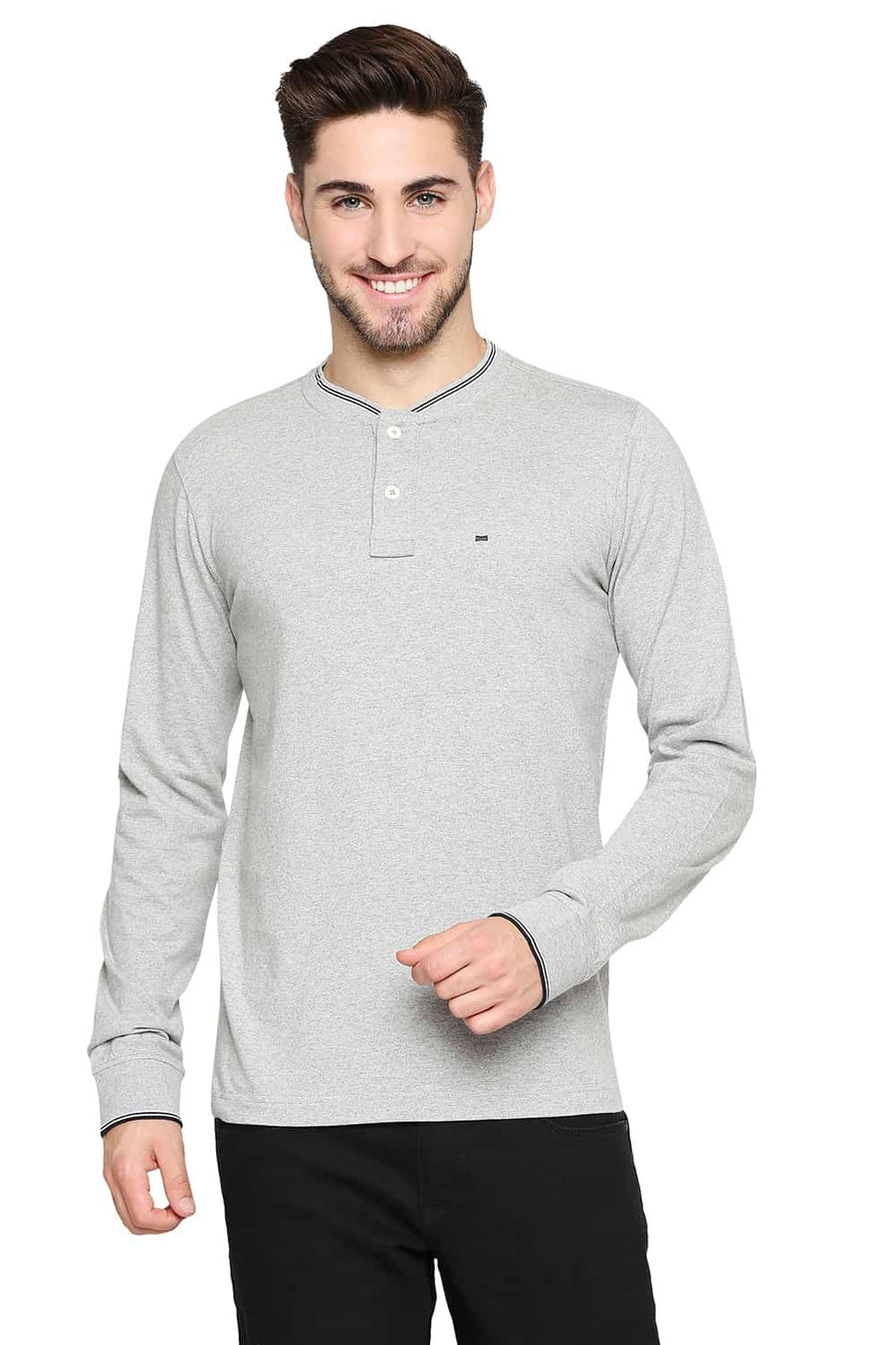 BASICS MUSCLE FIT HEATHER GREY HENLEY T-SHIRT