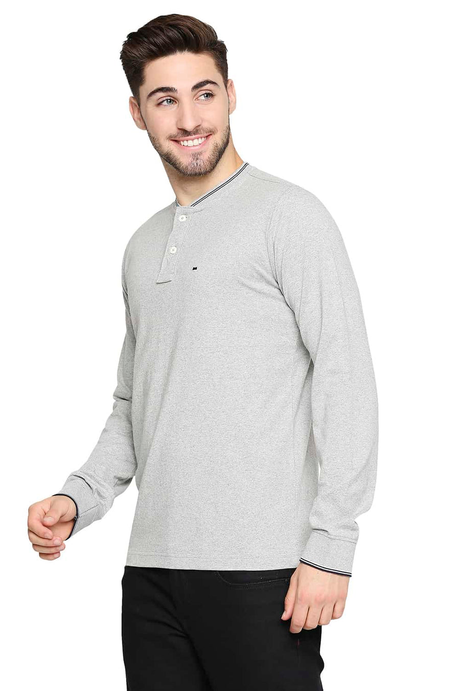 BASICS MUSCLE FIT HEATHER GREY HENLEY T-SHIRT