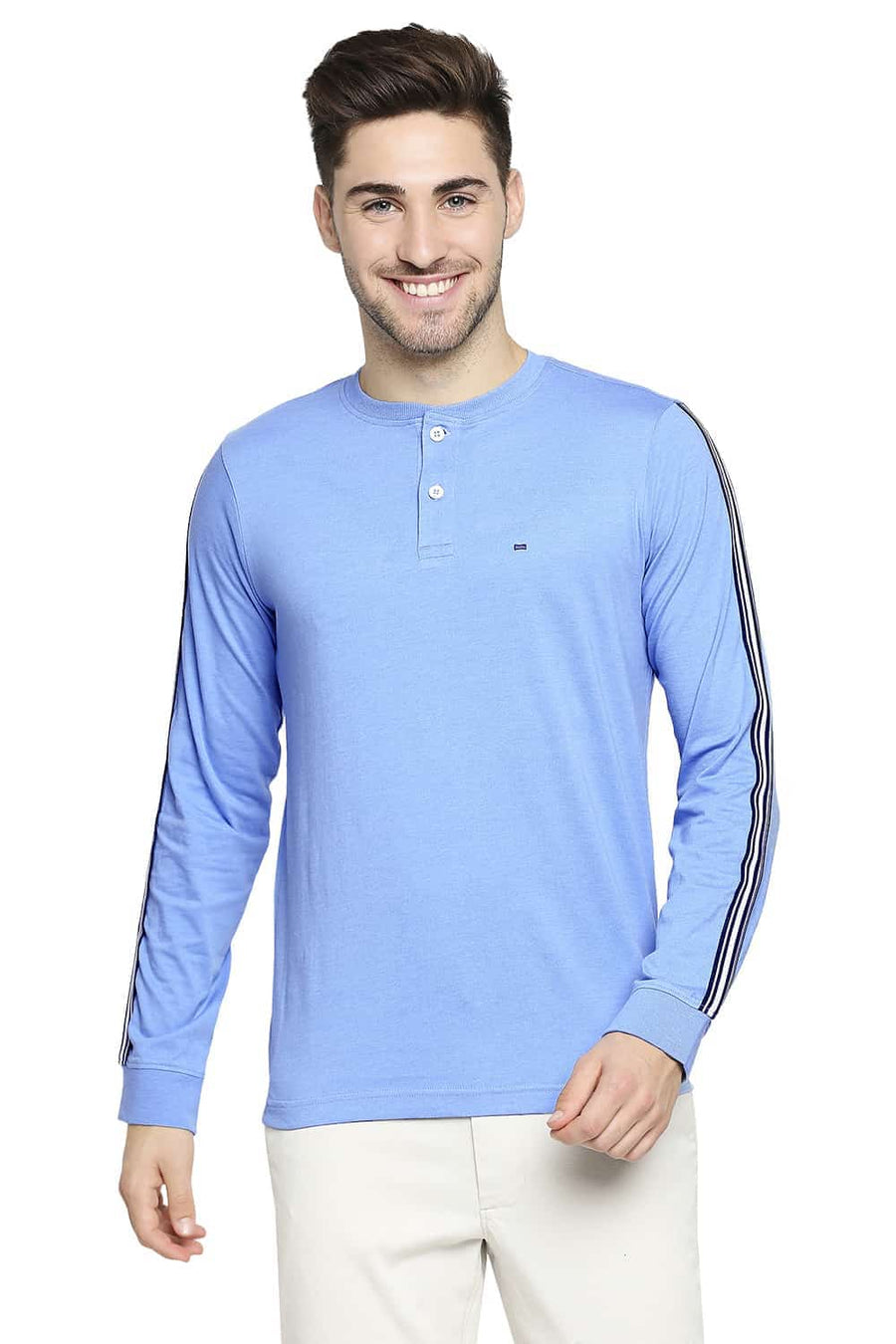 BASICS MUSCLE FIT PROVENCE BLUE HENLEY T-SHIRT
