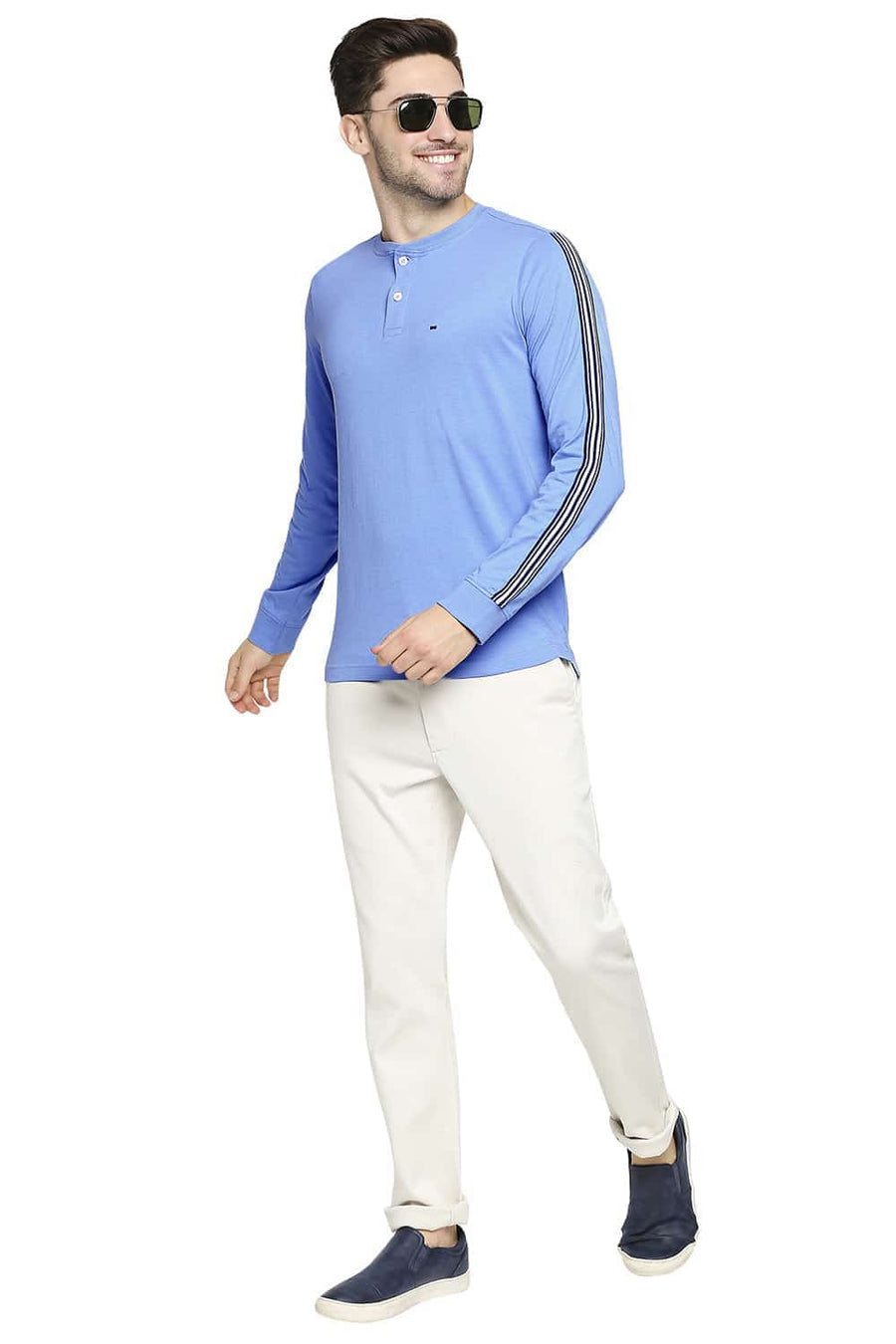 BASICS MUSCLE FIT PROVENCE BLUE HENLEY T-SHIRT