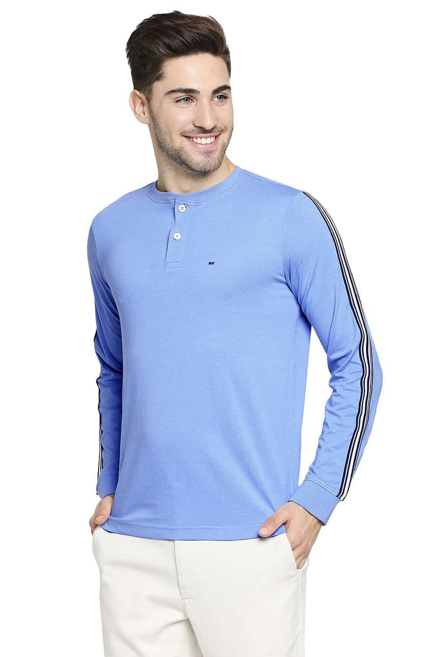 BASICS MUSCLE FIT PROVENCE BLUE HENLEY T-SHIRT