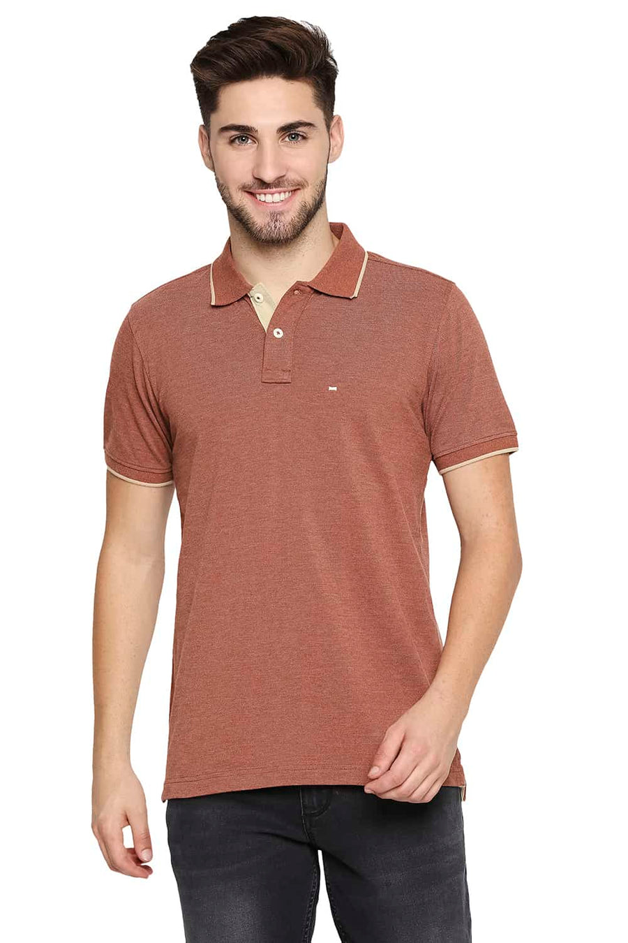 BASICS MUSCLE FIT BRICK SEQUOIA HEATHER POLO T-SHIRT