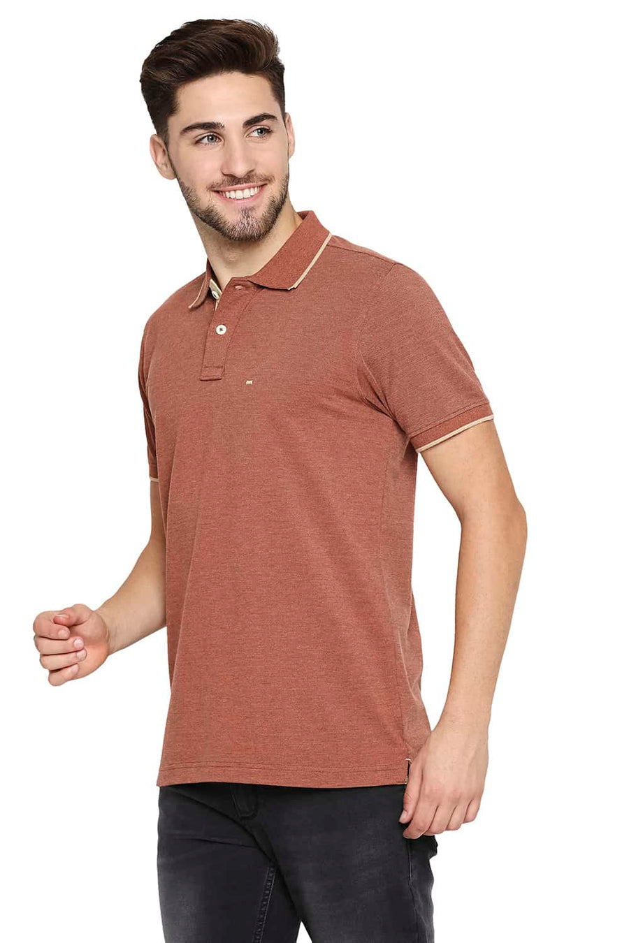 BASICS MUSCLE FIT BRICK SEQUOIA HEATHER POLO T-SHIRT