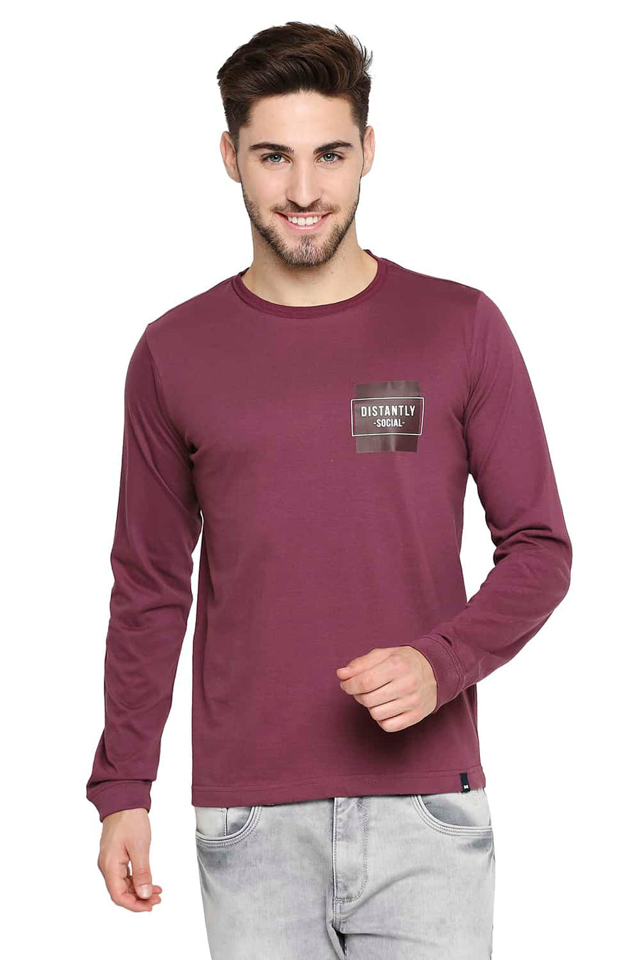 BASICS MUSCLE FIT MAUVE WINE CREW NECK T-SHIRT