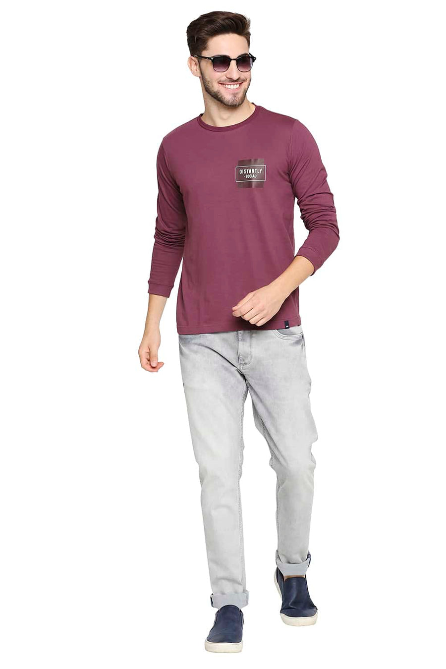 BASICS MUSCLE FIT MAUVE WINE CREW NECK T-SHIRT