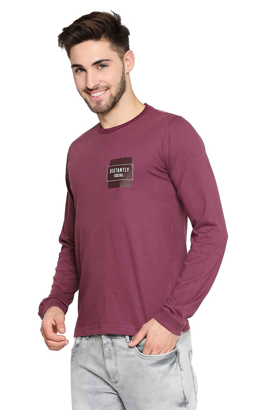 BASICS MUSCLE FIT MAUVE WINE CREW NECK T-SHIRT