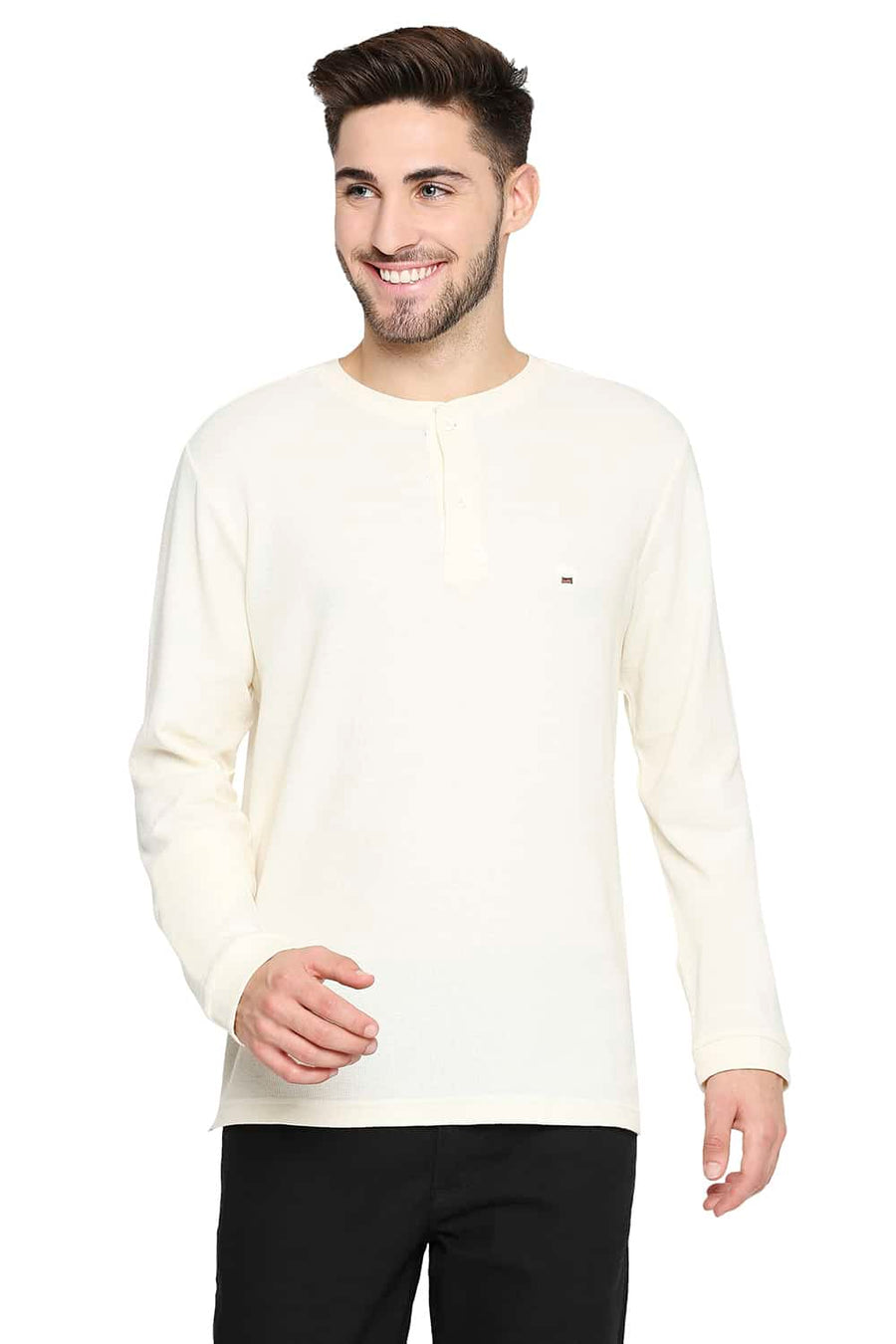 BASICS MUSCLE FIT CREAM HENLEY T-SHIRT