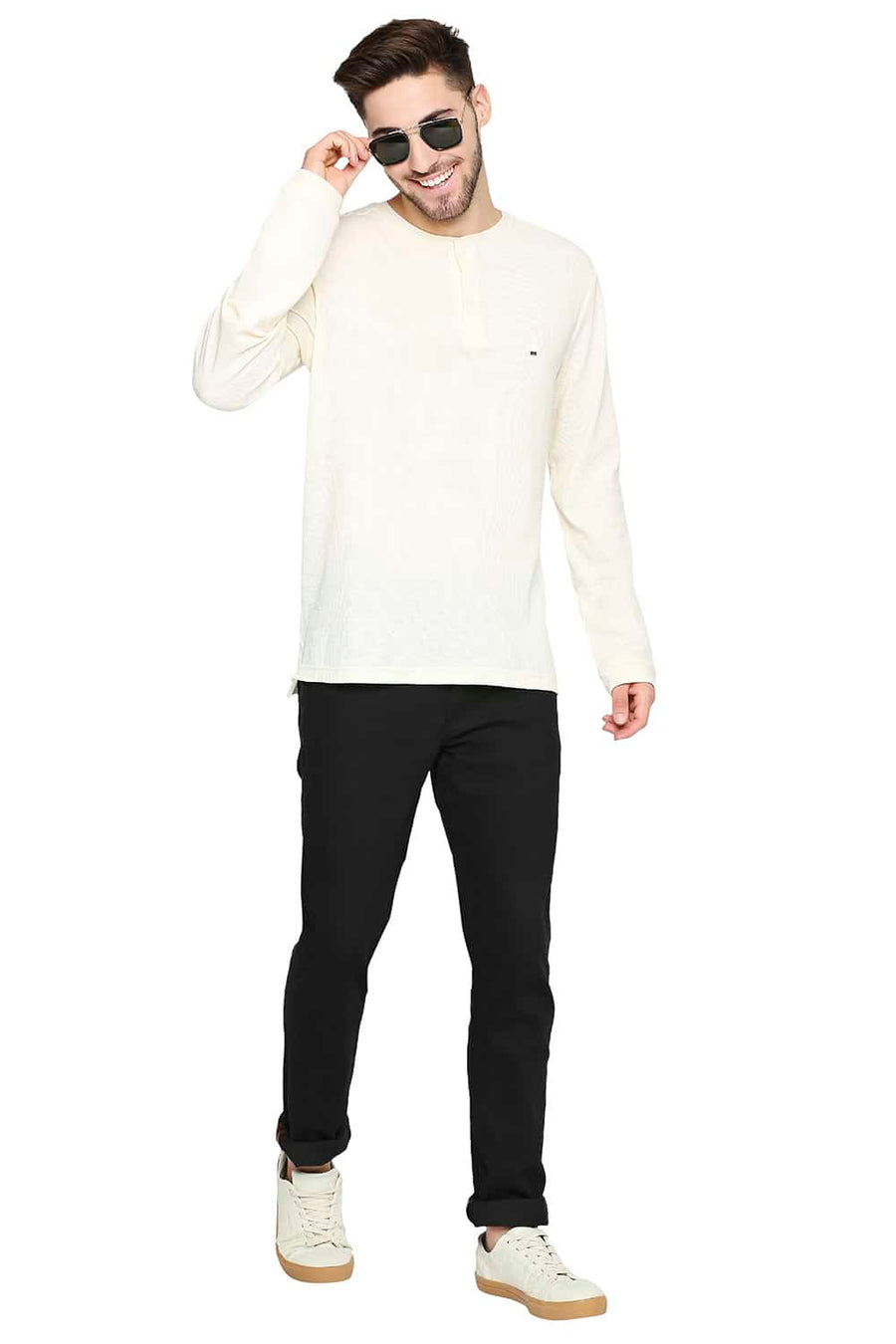 BASICS MUSCLE FIT CREAM HENLEY T-SHIRT