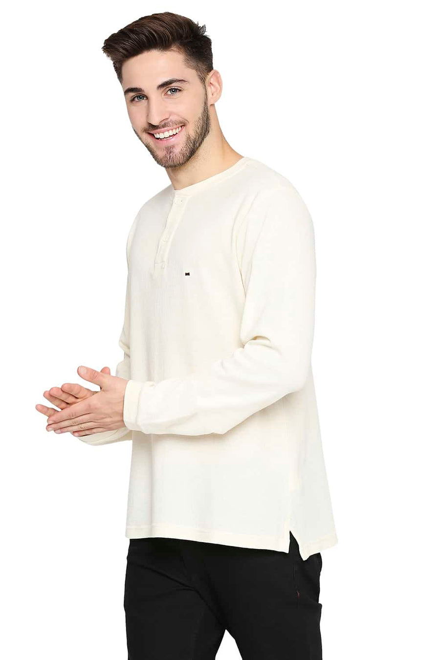 BASICS MUSCLE FIT CREAM HENLEY T-SHIRT