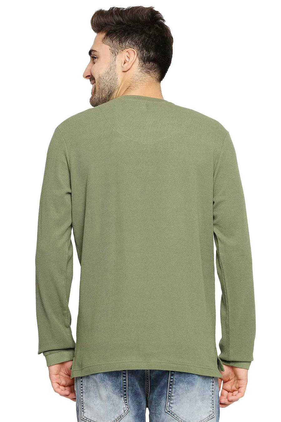 BASICS MUSCLE FIT OLIVINE GREEN HENLEY T-SHIRT