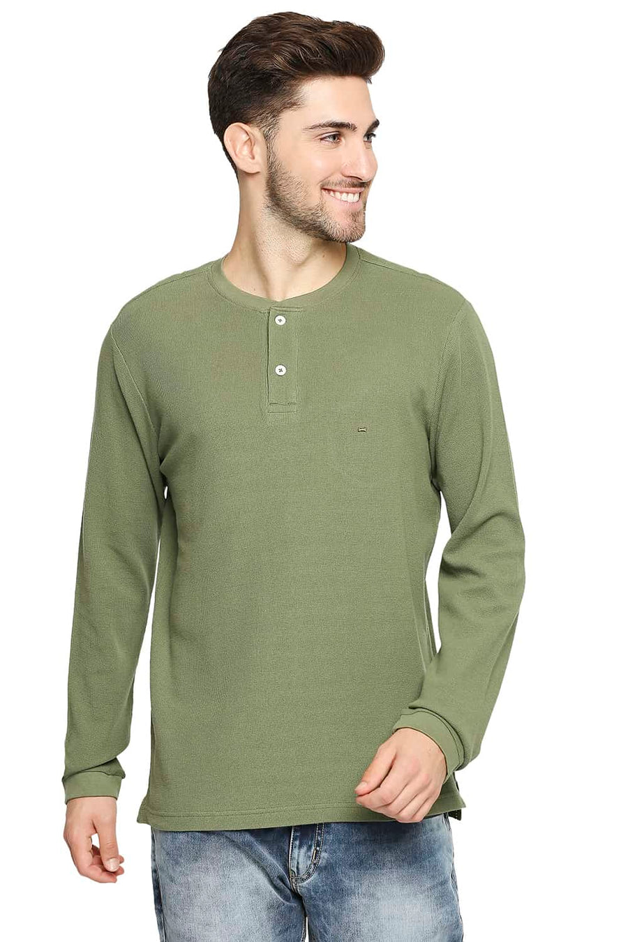 BASICS MUSCLE FIT OLIVINE GREEN HENLEY T-SHIRT
