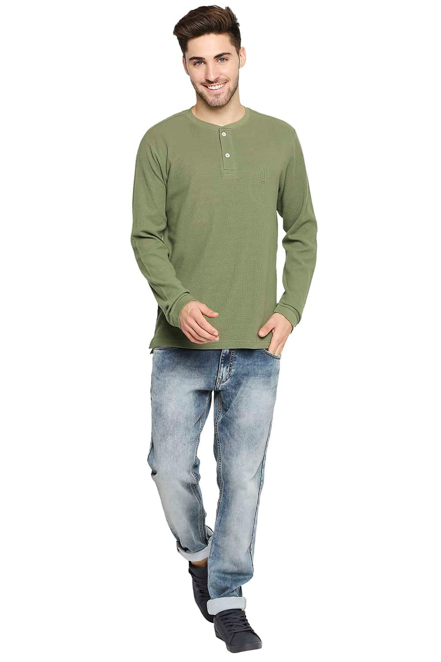 BASICS MUSCLE FIT OLIVINE GREEN HENLEY T-SHIRT