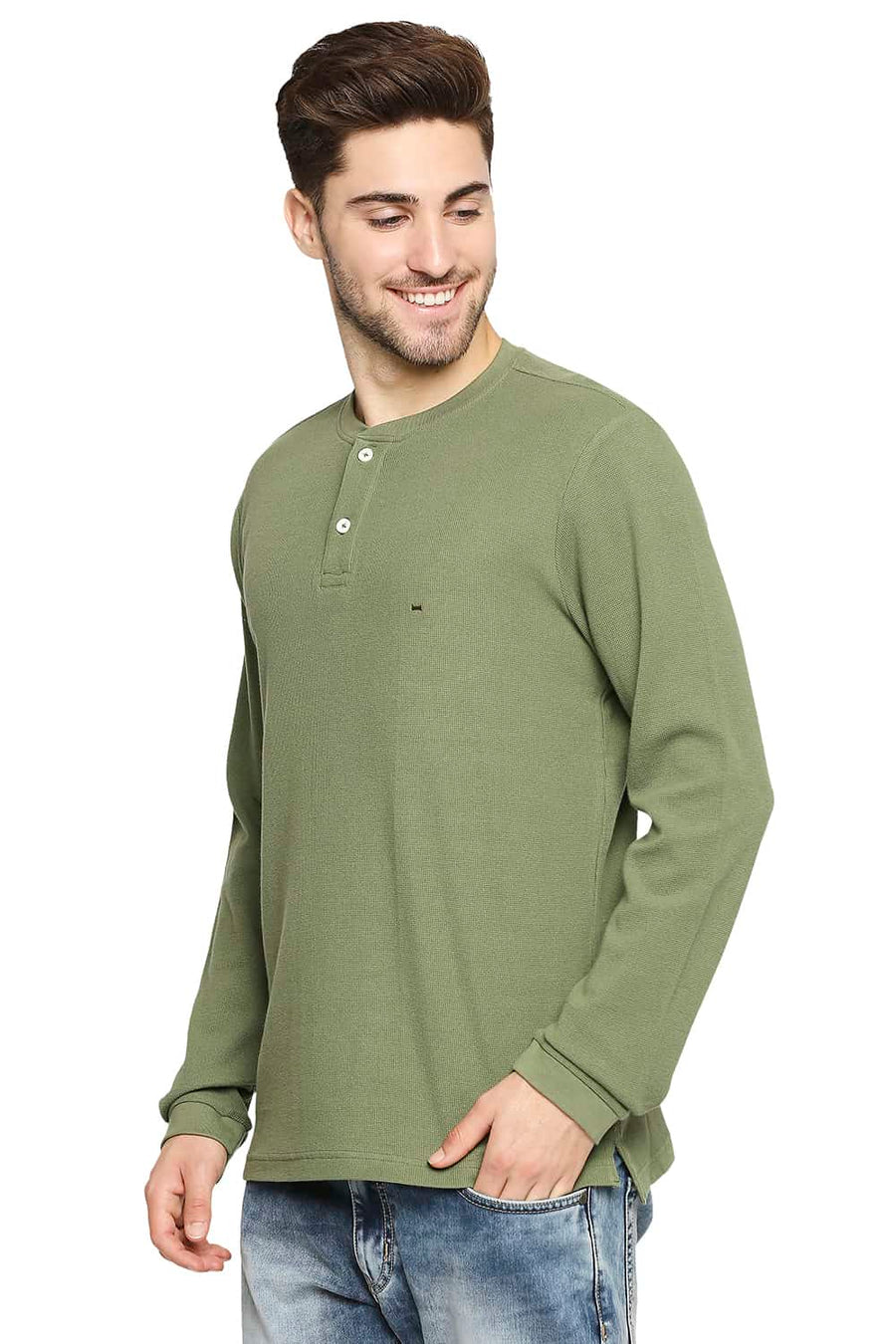 BASICS MUSCLE FIT OLIVINE GREEN HENLEY T-SHIRT
