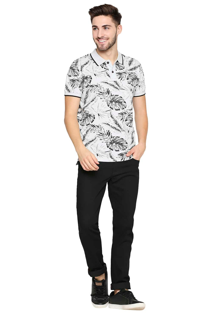 BASICS MUSCLE FIT LUNER ROCK GREY PRINTED POLO T-SHIRT