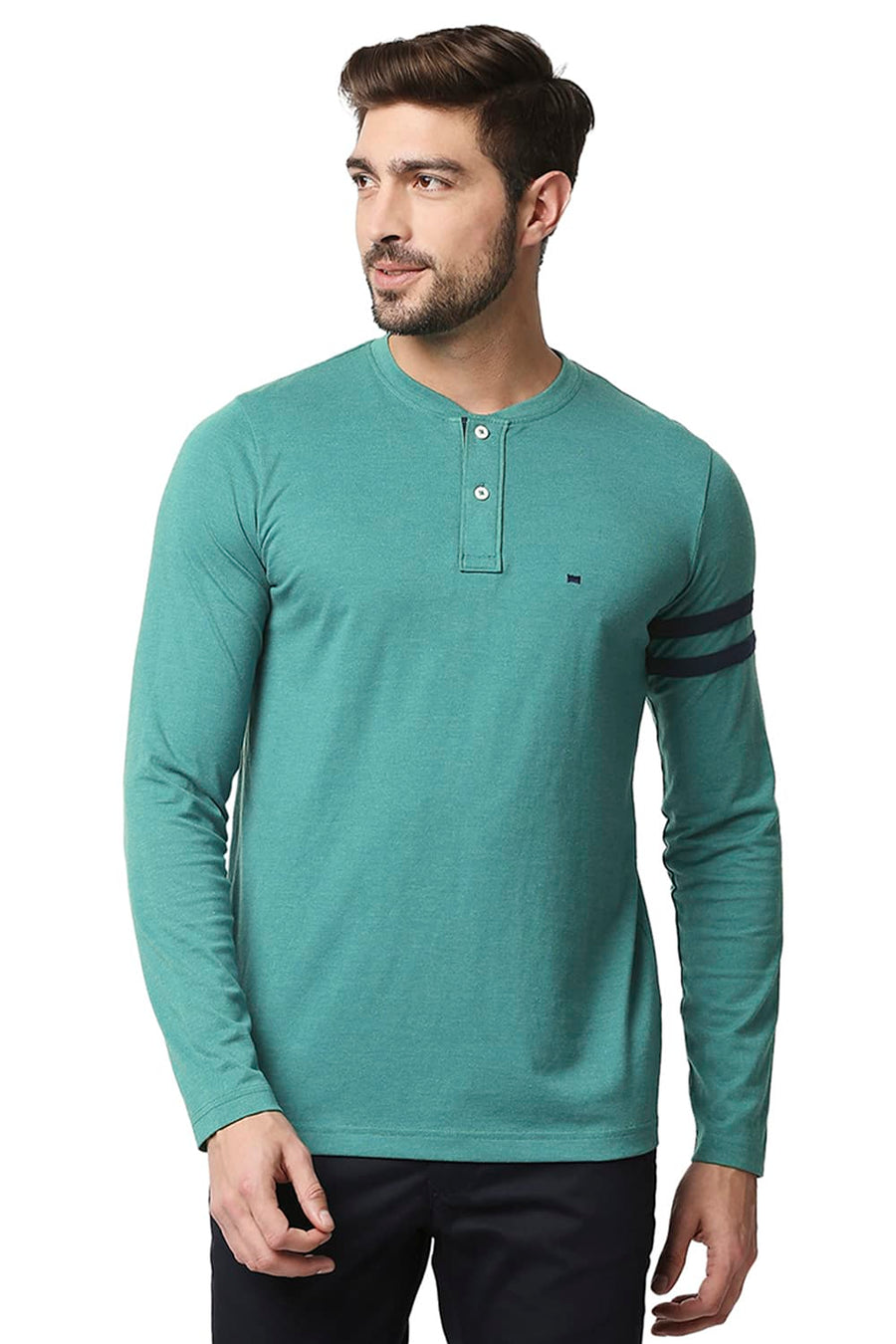 BASICS MUSCLE FIT ALPINE GREEN HEATHER HENLEY T-SHIRT