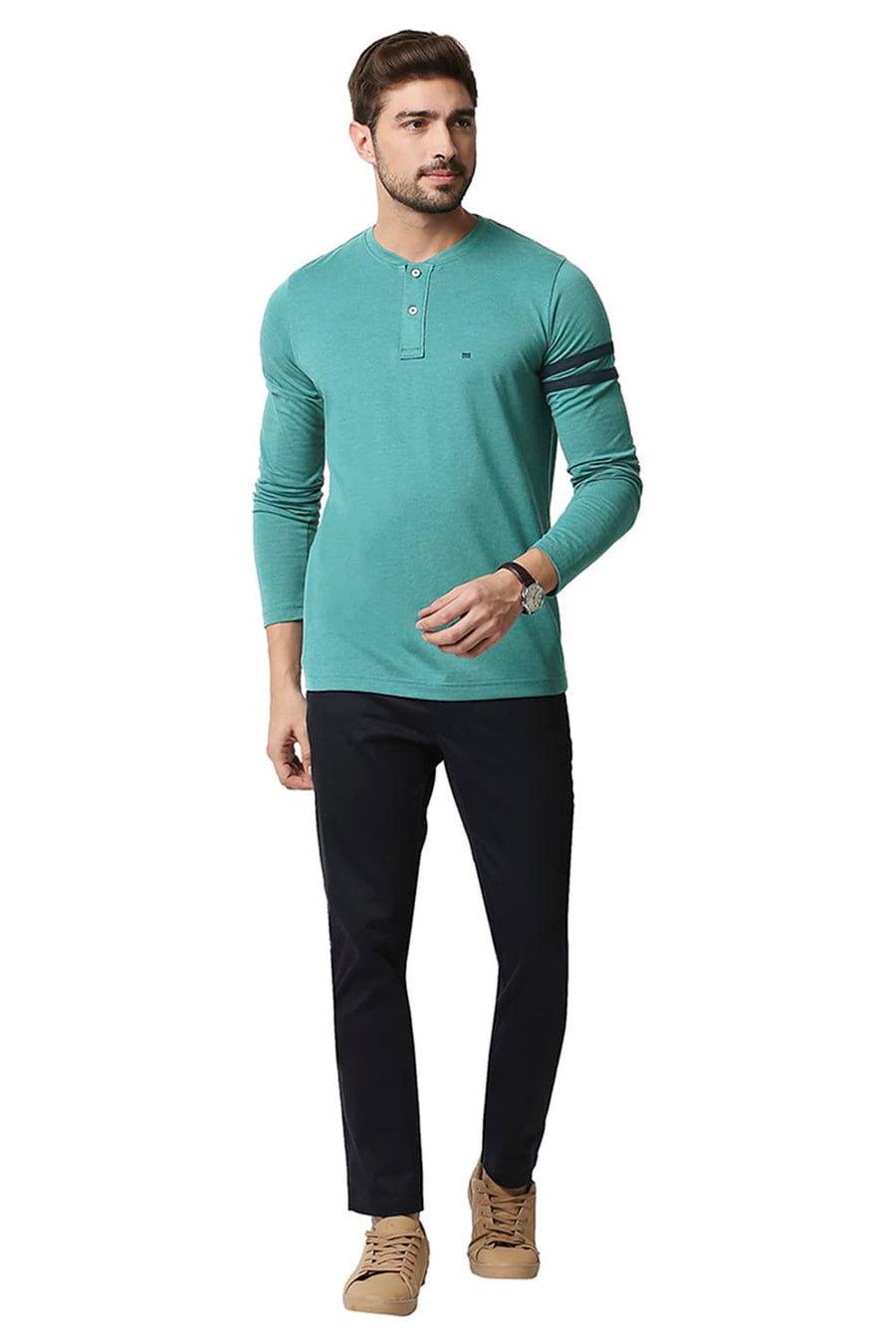 BASICS MUSCLE FIT ALPINE GREEN HEATHER HENLEY T-SHIRT