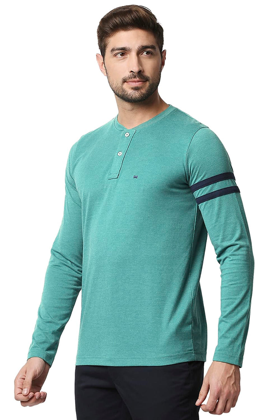 BASICS MUSCLE FIT ALPINE GREEN HEATHER HENLEY T-SHIRT