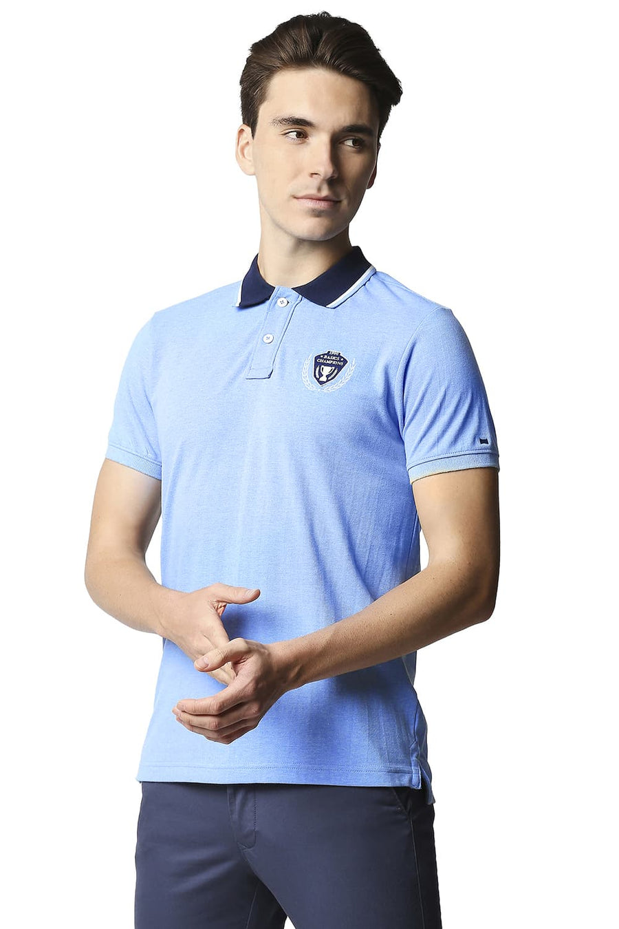 BASICS MUSCLE FIT BONNIE BLUE HEATHER POLO T-SHIRT