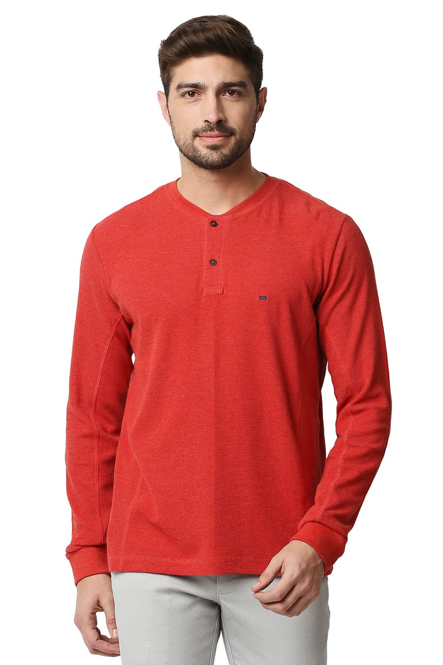BASICS MUSCLE FIT POMEIAN RED HEATHER HENLEY T-SHIRT