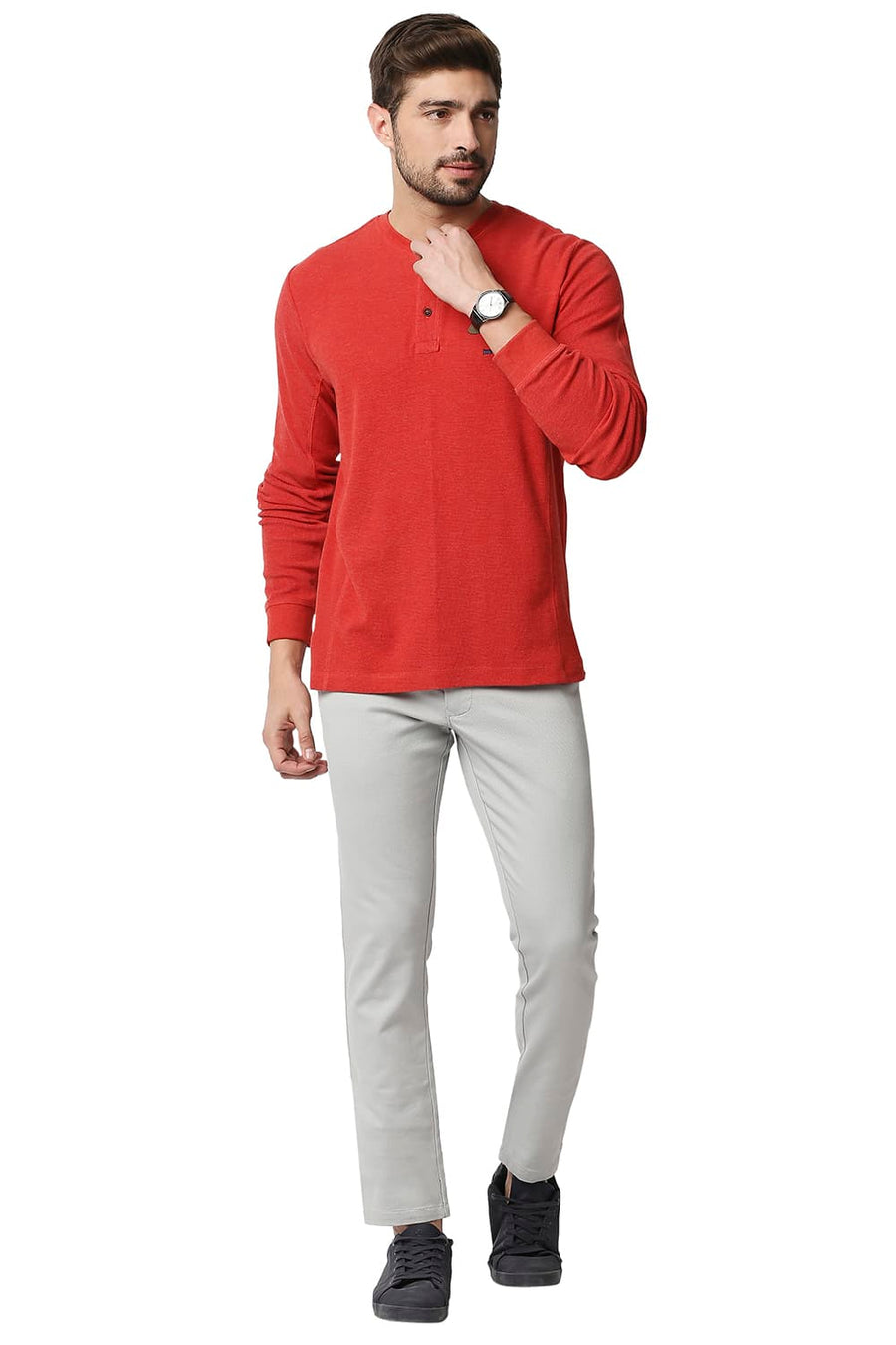 BASICS MUSCLE FIT POMEIAN RED HEATHER HENLEY T-SHIRT