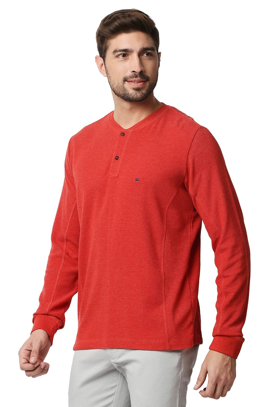 BASICS MUSCLE FIT POMEIAN RED HEATHER HENLEY T-SHIRT