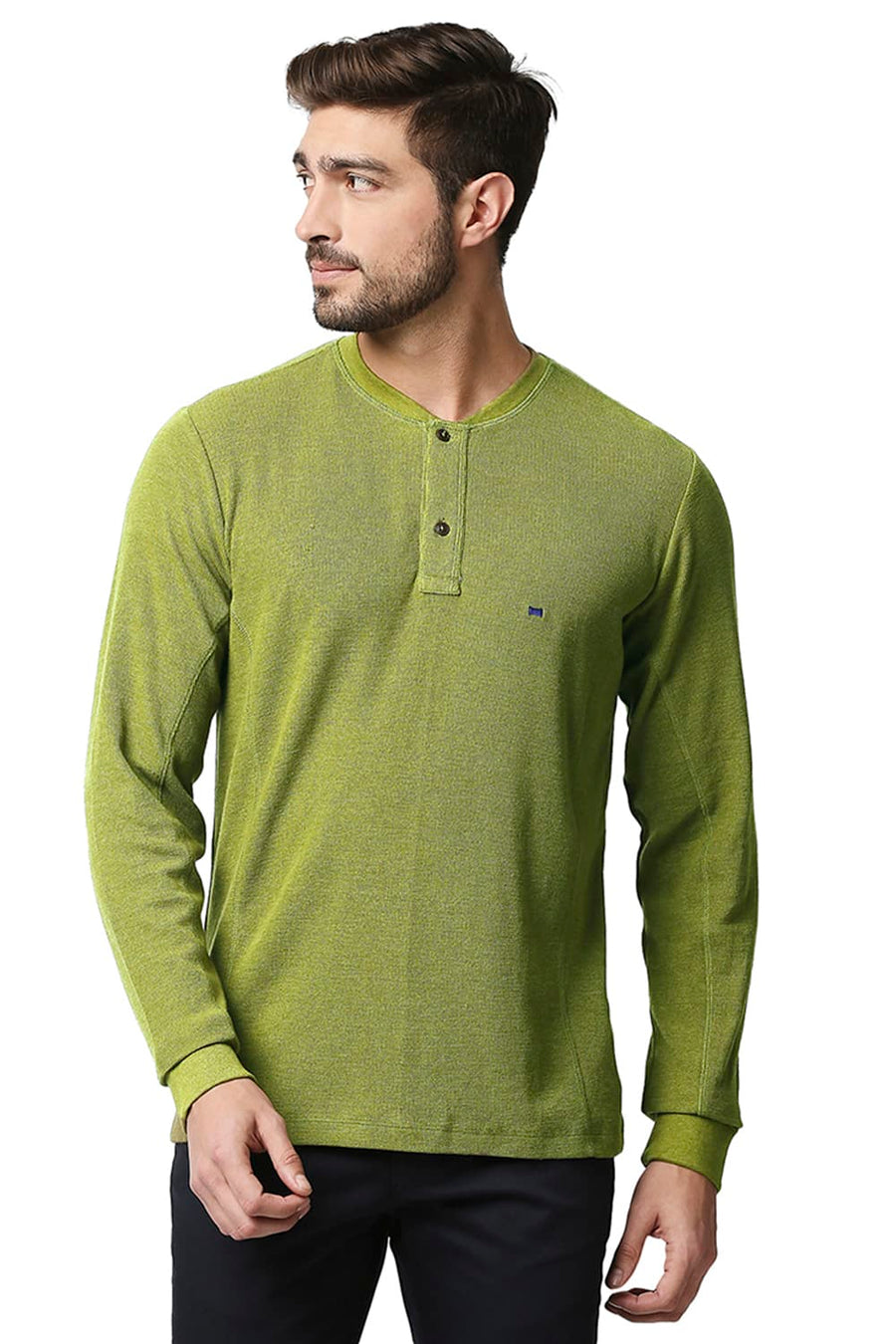 BASICS MUSCLE FIT AVOCADO HEATHER HENLEY T-SHIRT