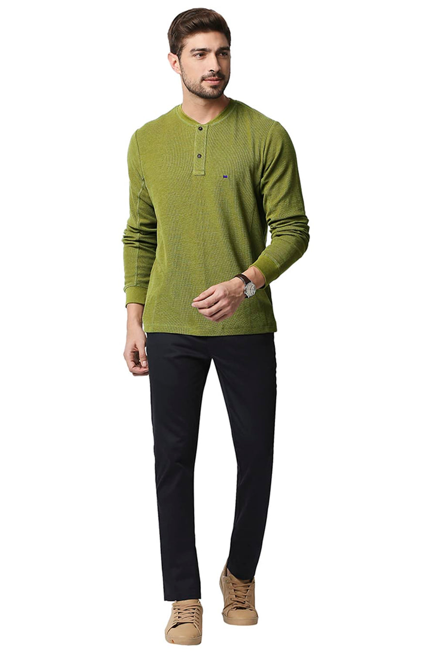BASICS MUSCLE FIT AVOCADO HEATHER HENLEY T-SHIRT