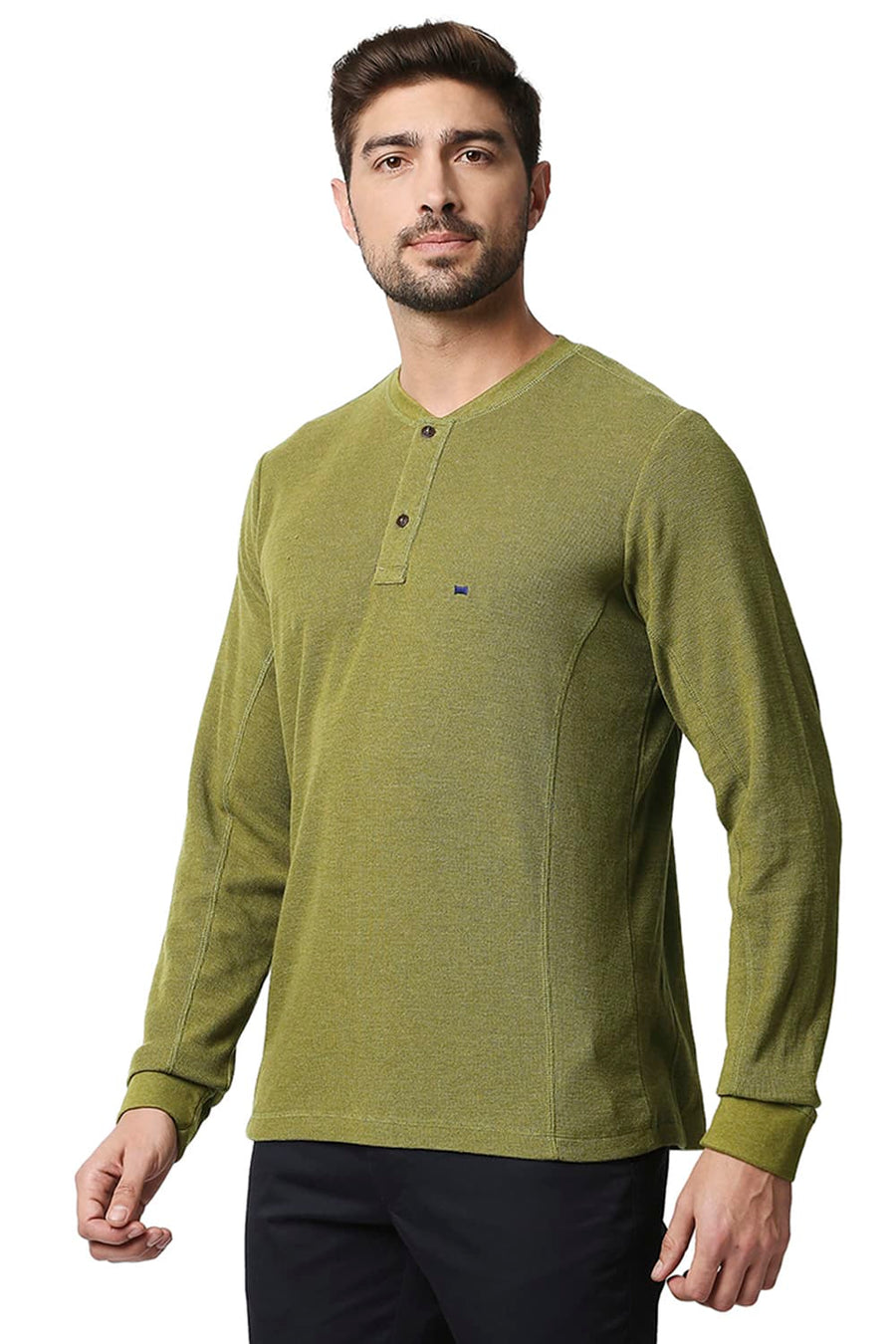 BASICS MUSCLE FIT AVOCADO HEATHER HENLEY T-SHIRT