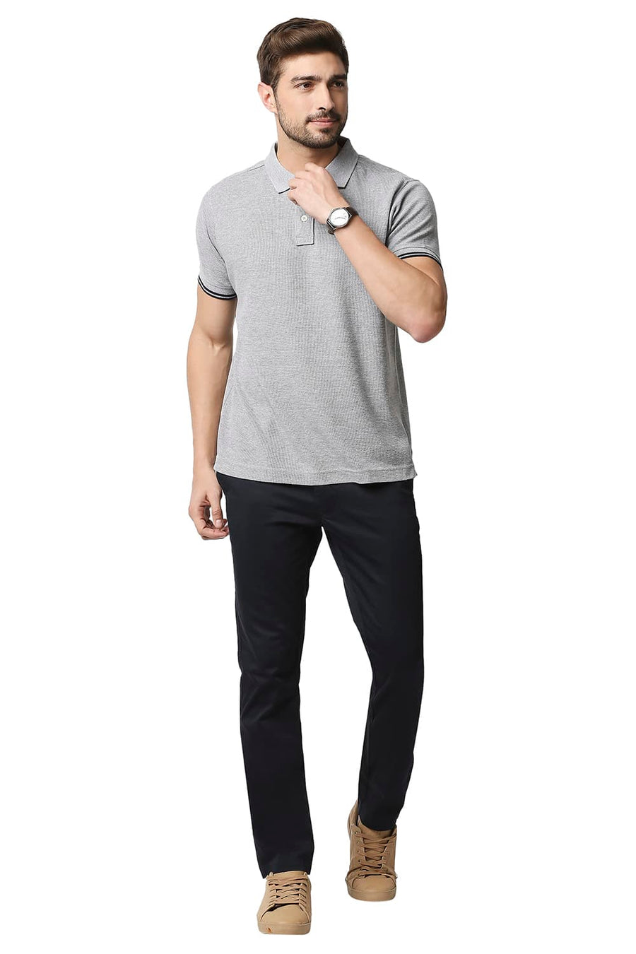 BASICS MUSCLE FIT HEATHER GREY POLO T-SHIRT