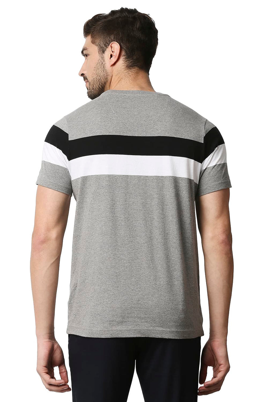 BASICS MUSCLE FIT HEATHER GREY STRIPE CREW NECK T-SHIRT