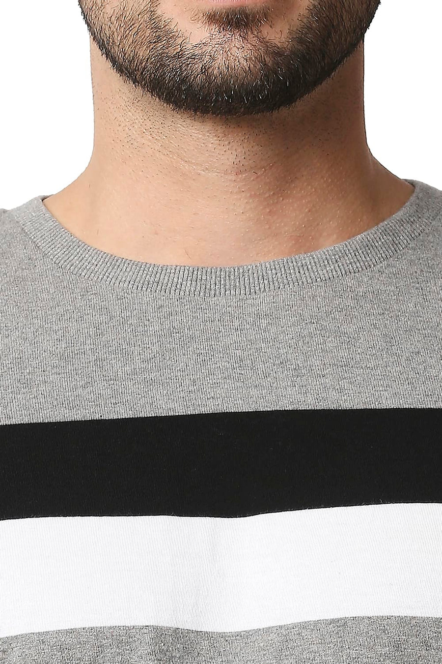 BASICS MUSCLE FIT HEATHER GREY STRIPE CREW NECK T-SHIRT