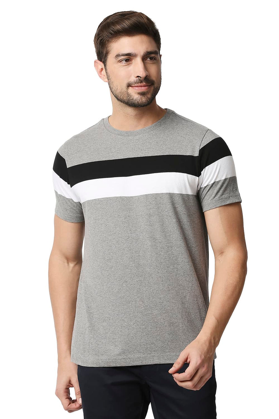 BASICS MUSCLE FIT HEATHER GREY STRIPE CREW NECK T-SHIRT