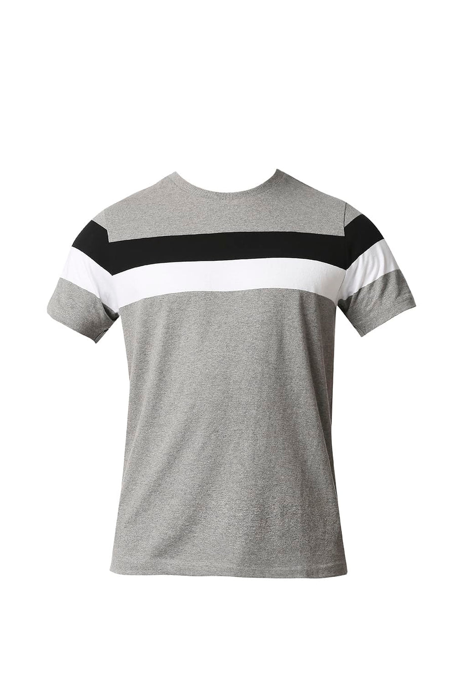 BASICS MUSCLE FIT HEATHER GREY STRIPE CREW NECK T-SHIRT