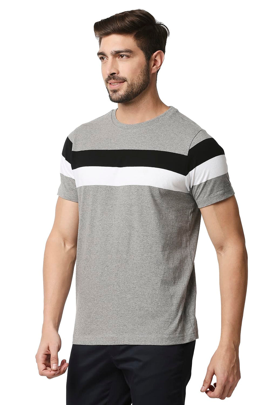 BASICS MUSCLE FIT HEATHER GREY STRIPE CREW NECK T-SHIRT