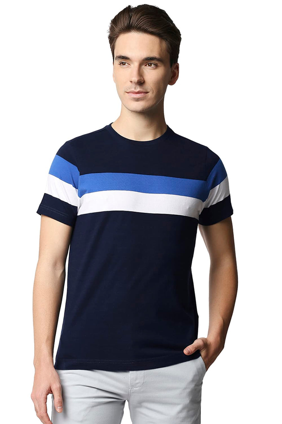 BASICS MUSCLE FIT DRESS BLUE STRIPE CREW NECK T-SHIRT