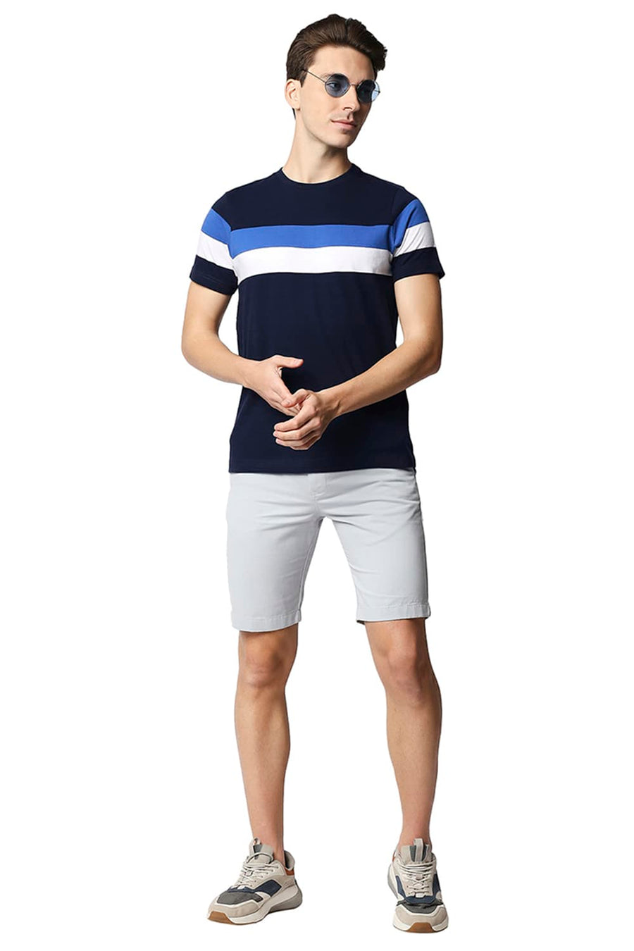 BASICS MUSCLE FIT DRESS BLUE STRIPE CREW NECK T-SHIRT