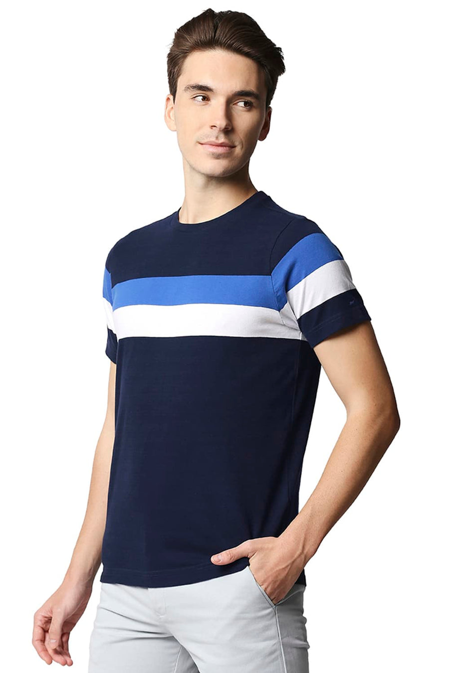 BASICS MUSCLE FIT DRESS BLUE STRIPE CREW NECK T-SHIRT