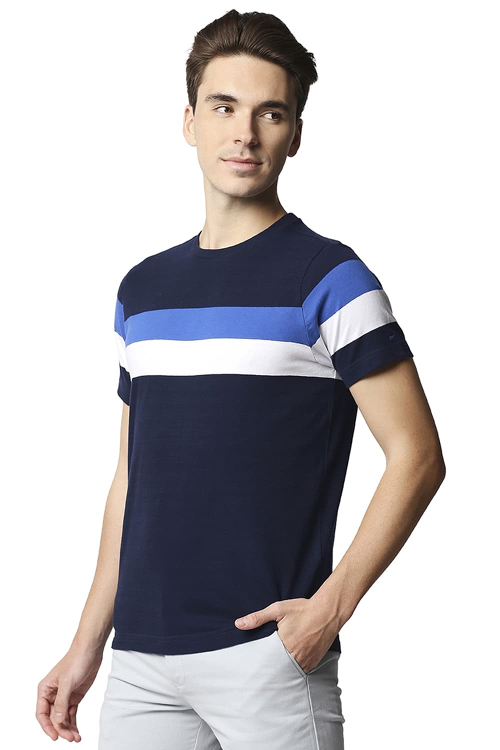 BASICS MUSCLE FIT STRIPE CREW NECK T-SHIRT